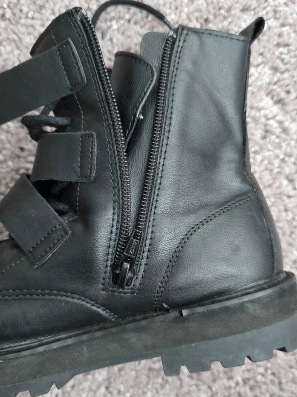 Zara Black Triple Buckle Combat Boots Faux Leather Moto Punk Goth Side Zip 34